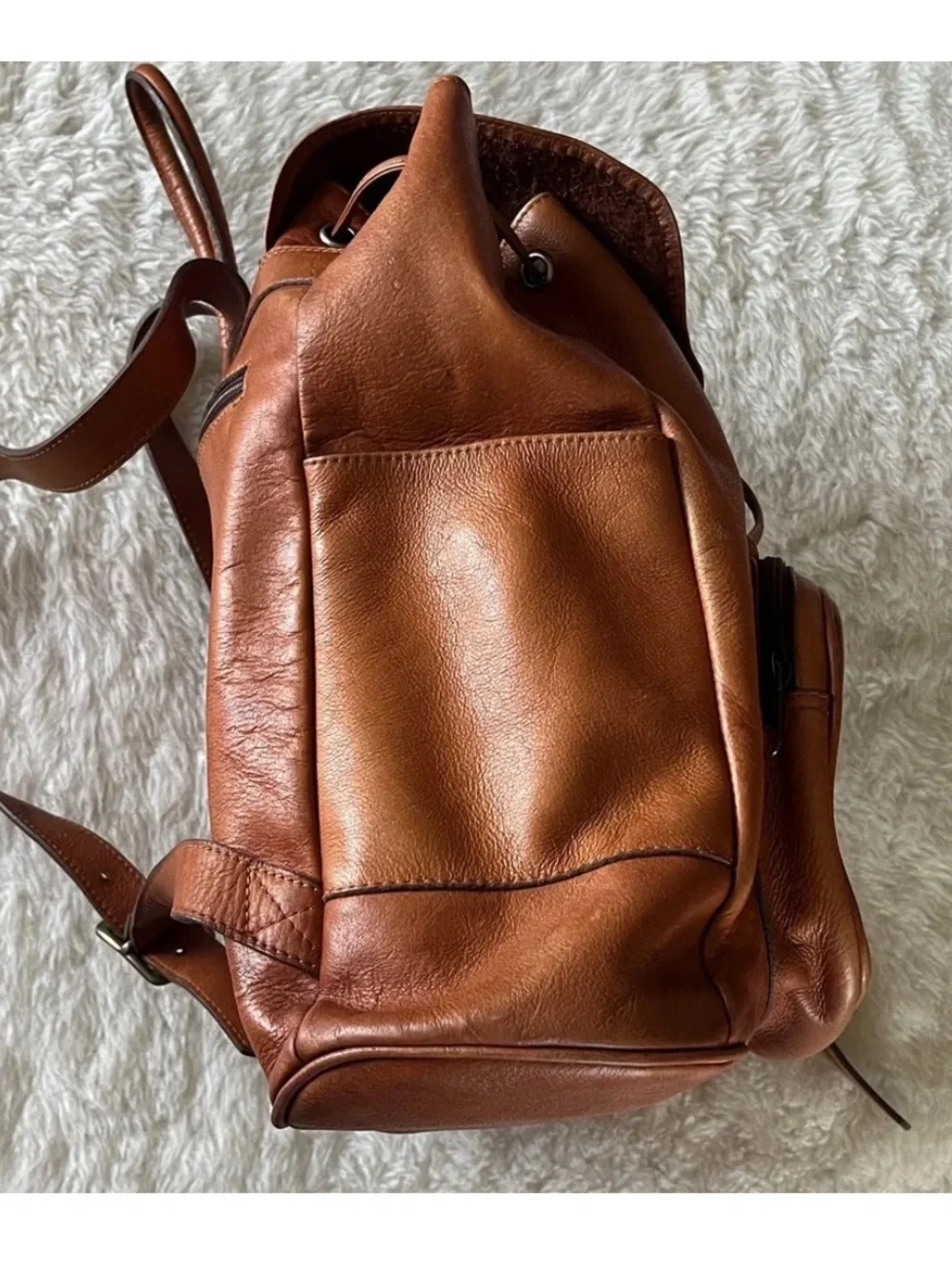 Cognac Brown Leather Backpack with Flap front & drawstring top